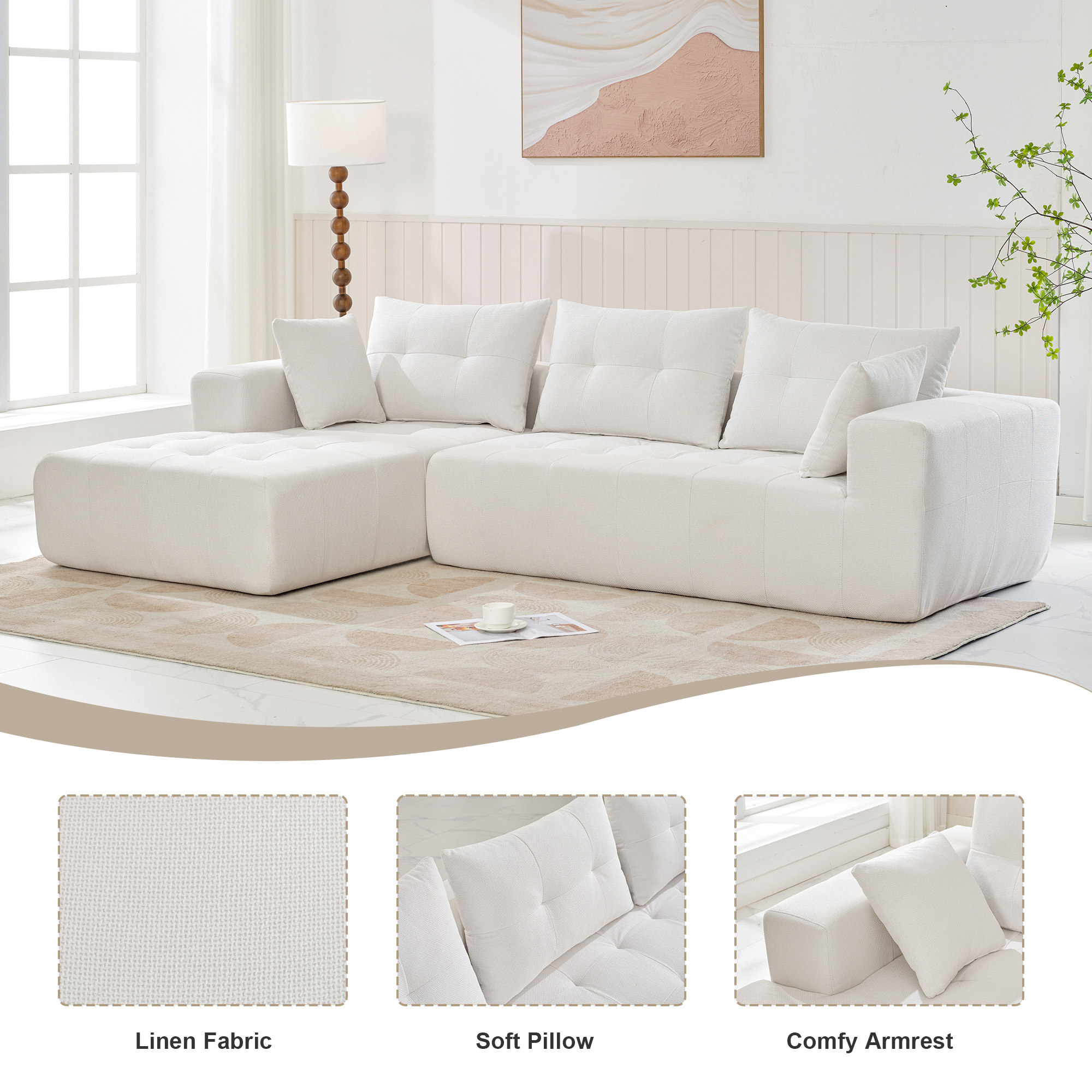 DEALTOPS Upholstered Sectional Sofa, Modern Convertible Modular Sofa Set, 110" L Shaped Sofa Couch, 2 Pieces Living Room Furniture Set, White