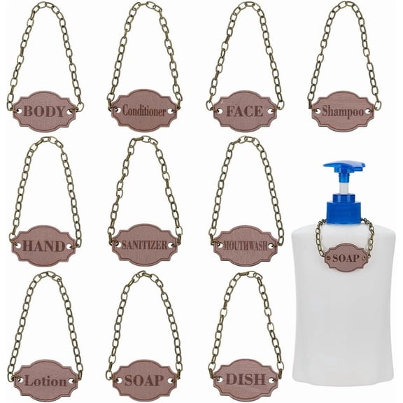 10 Pcs Oval Wooden Bathroom Labels Bottle Decor Tags with Iron Cable Chains Bronze Wooden Bottles Label - Dish Hand Soap Lotion Shampoo Conditioner Body Face Mouthwash