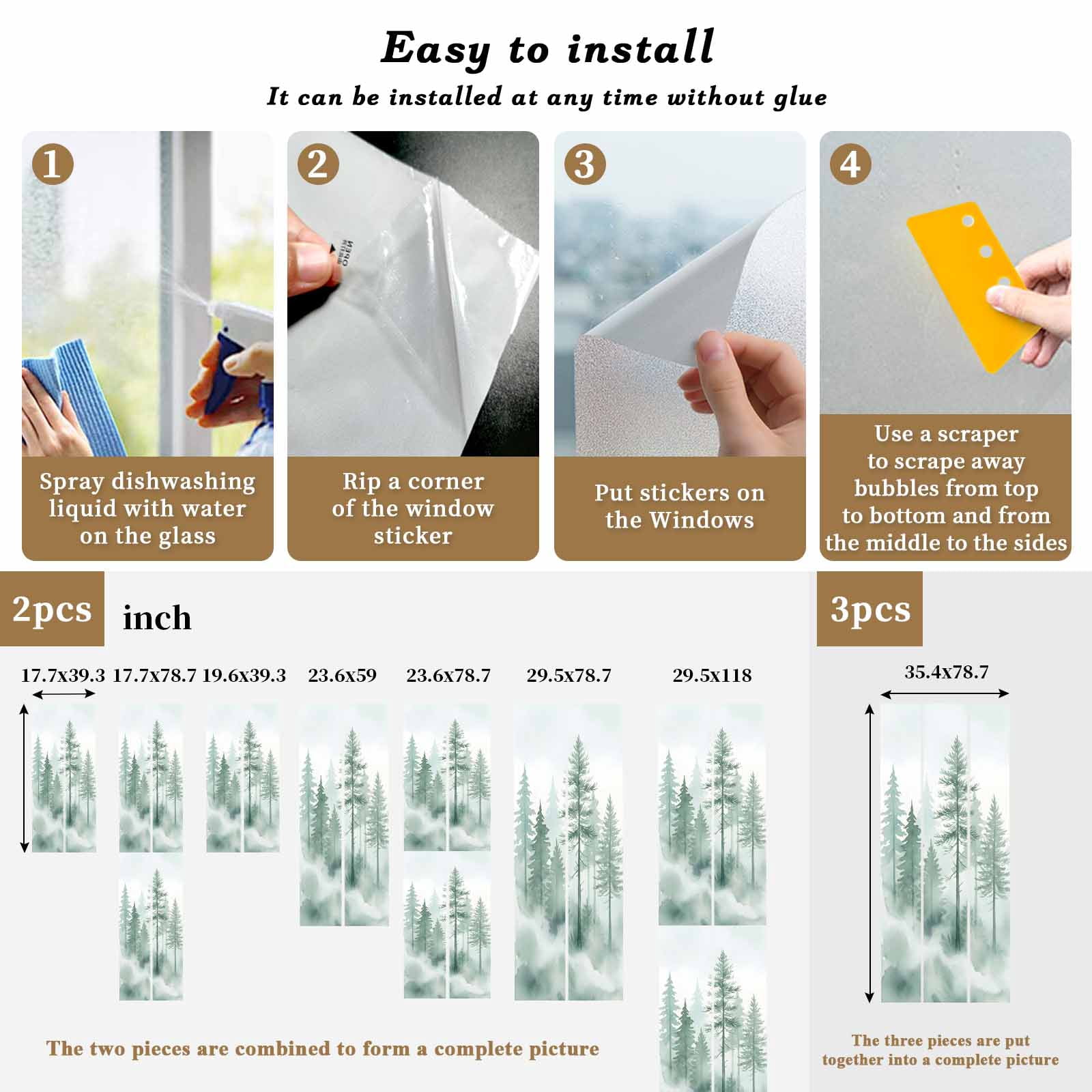 Green Forest Window Privacy Film, Watercolor Misty Green Tall Trees Frosted Glass Window Clings Static Cling UV Heat Blocking Reusable Door Sticker for Bathroom 23.6 x 59 Inch