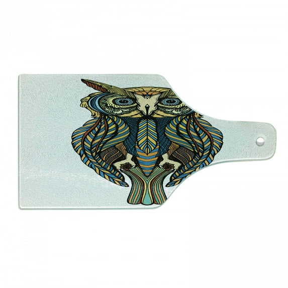 Owl Print Cutting Board, Bohemian Graphic of Colorful Detailed Bird Artwork on Plain Background Print, Decorative Tempered Glass Cutting and Serving Board, in 3 Sizes, by Ambesonne