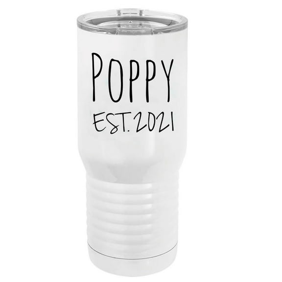 Poppy Est. 2021 Established Stainless Steel Vacuum Double-Walled Insulated 20 Oz Tumbler Travel Coffee Mug with Clear Lid, White