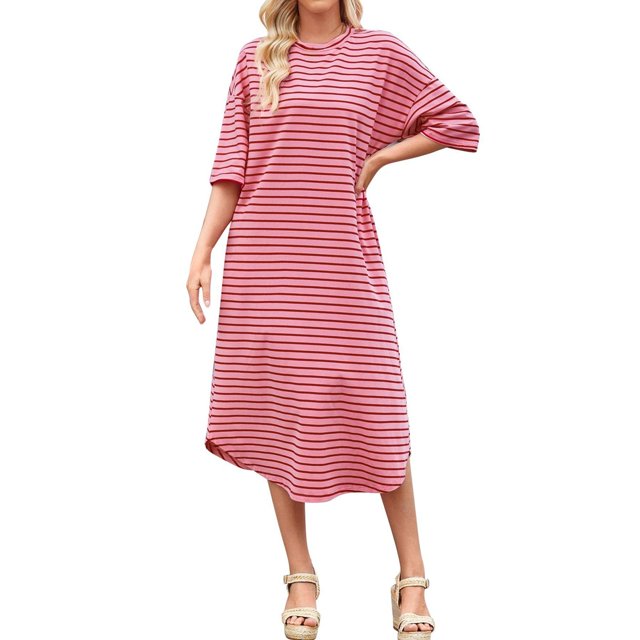 asddcavvf Robes pour Femmes Robe Maxi Surdimensionnée Mode Rayée Imprimée Manches 3/4 Ample