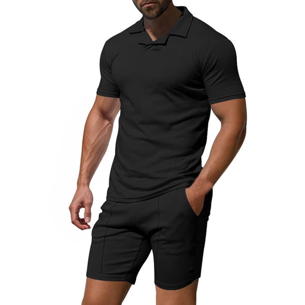 Mangas de Mano para Hombres Casual Sólido de Manga Corta Cuello Redondo Blusa Y Pantalones Cortos Conjunto, Traje de Dos Piezas de Poliéster de Moda para el Uso Diario de Primavera Verano