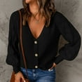 thumbnail image 3 of Suéter tipo cárdigan con botones para mujer Cuello en V profundo Mangas largas Suéter tipo cárdigan de punto de color puro Abrigo de suéter de punto informal Negro M, 3 of 5