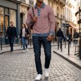 thumbnail image 5 of Men's Button Placket Polo Shirts Long Sleeve Lapel Collar Pullover Color Block Denim Splicing Skin Friendly Relaxed Fit Leisure Tee Watermelon Red S, 5 of 8