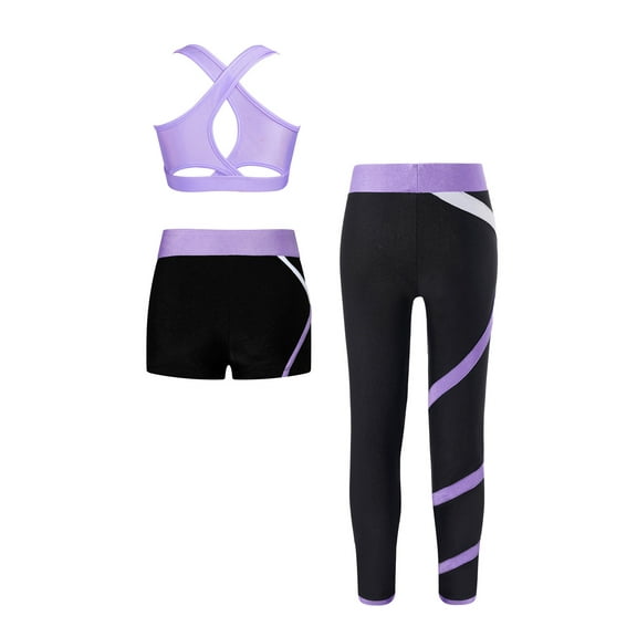 Hansber Kids 3 Piece Dance Outfit Tracksuit Girls Cross Nack Tank Sport Bra with Yoga Pants Leggings Lavender 12