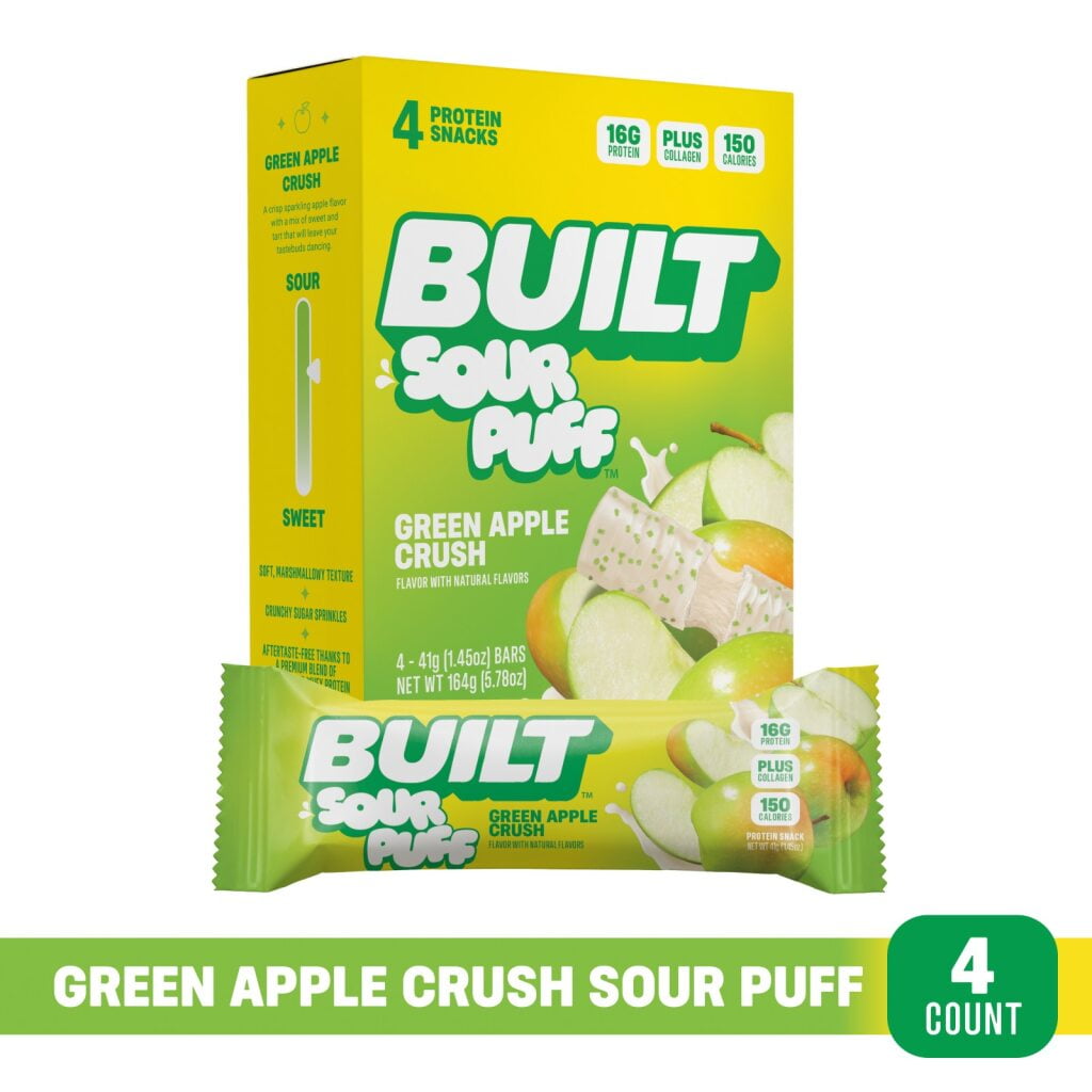 BUILT Sour Puff Protein Bar, Green Apple Crush, 16g Protein, Collagen, 150 Calories, 4 Count Box, 1.45 oz Bars
