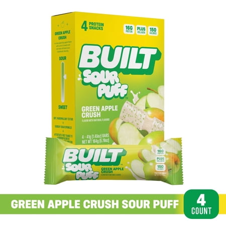 BUILT Sour Puff Protein Bar, Green Apple Crush, 16g Protein, Collagen, 150 Calories, 4 Count Box, 1.45 oz Bars