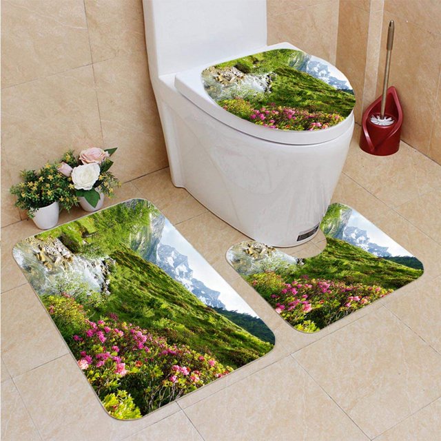 ABPHQTO Gebirgsflu mit Alpenrosen en den Alpen im Frhjahr Juego de alfombras de baño de 3 piezas Alfombra de baño Alfombra de contorno y tapa de inodoro