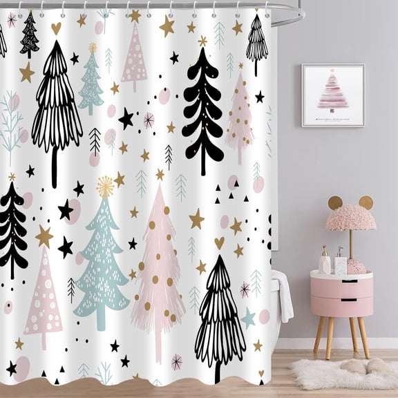 Christmas Tree Shower Curtain, Pink and Blue Christmas Tree Snowflake Stars Winter New Year Xmas Holiday Bathroom Curtain Home Decor Waterproof Fabric Washable with 12 PCS Hooks,72" Wx84 L