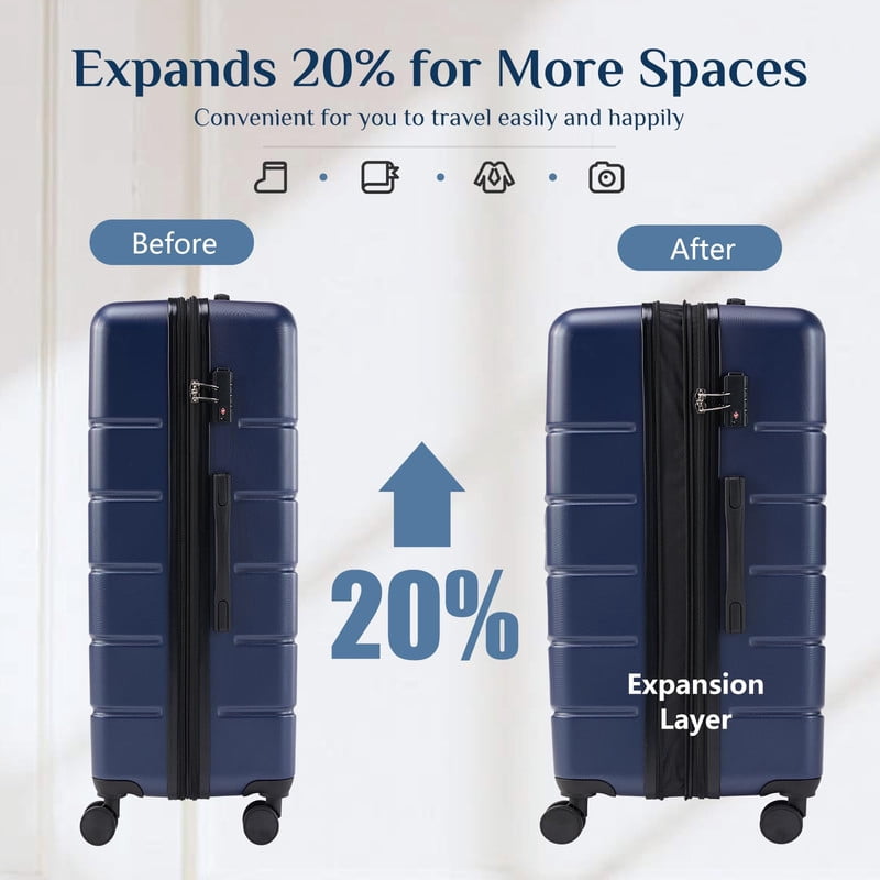 Kelno Large Checked Luggage with Spinner Wheels ABS Hard Shell Suitcase Expandable Rolling Luggage with TSA Lock, Blue
