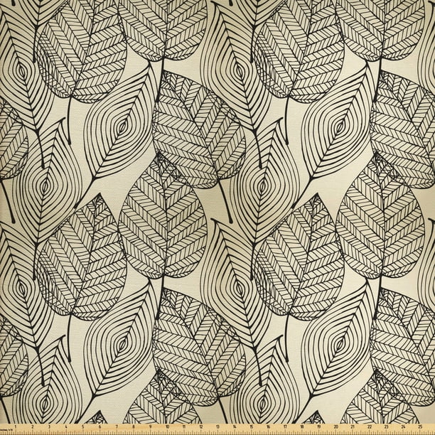 Beige Fabric by The Yard, Autumn Geometric Leaf Pattern Ornamental