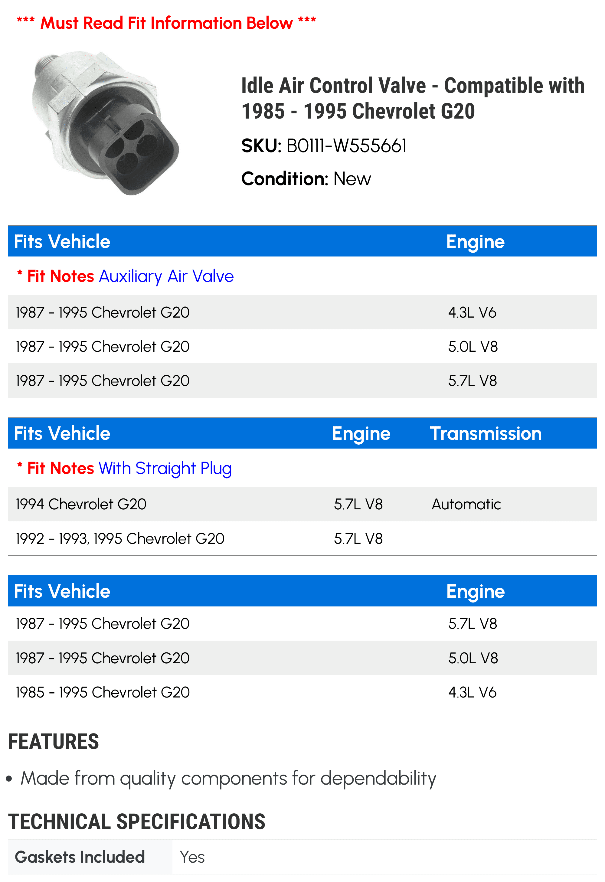 Idle Air Control Valve - Compatible with 1985 - 1995 Chevy G20 1986 1987 1988 1989 1990 1991 1992 1993 1994