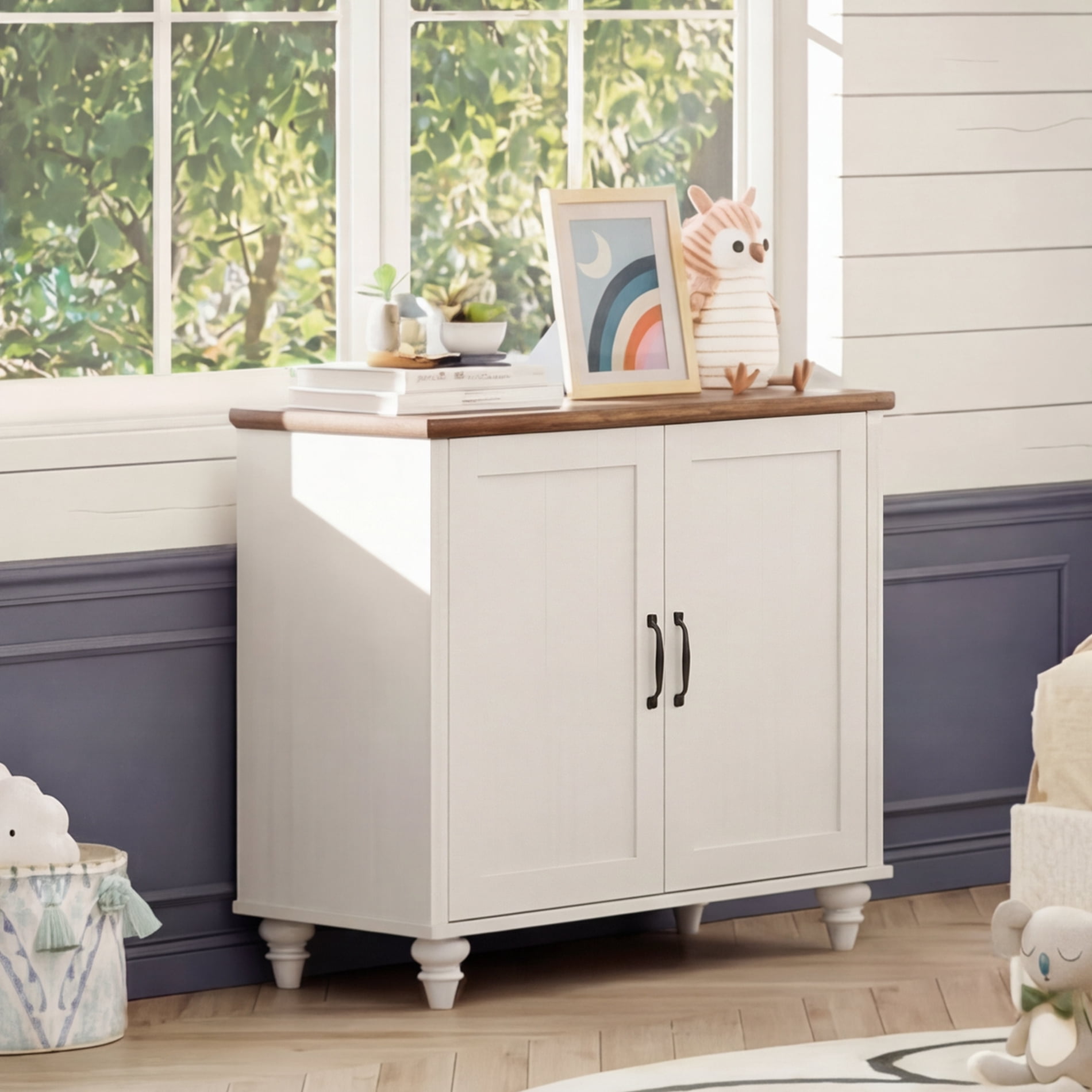 Modern Farmhouse Credenza, 34" White Storage Sideboard with Wood Doors