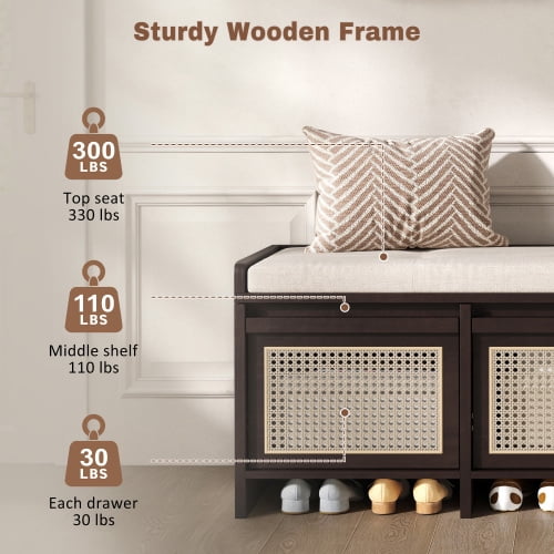 48" Retro Entryway Shoe Storage Bench with Rattan Drawers & Removable Button-Tufted Cushion, Espresso