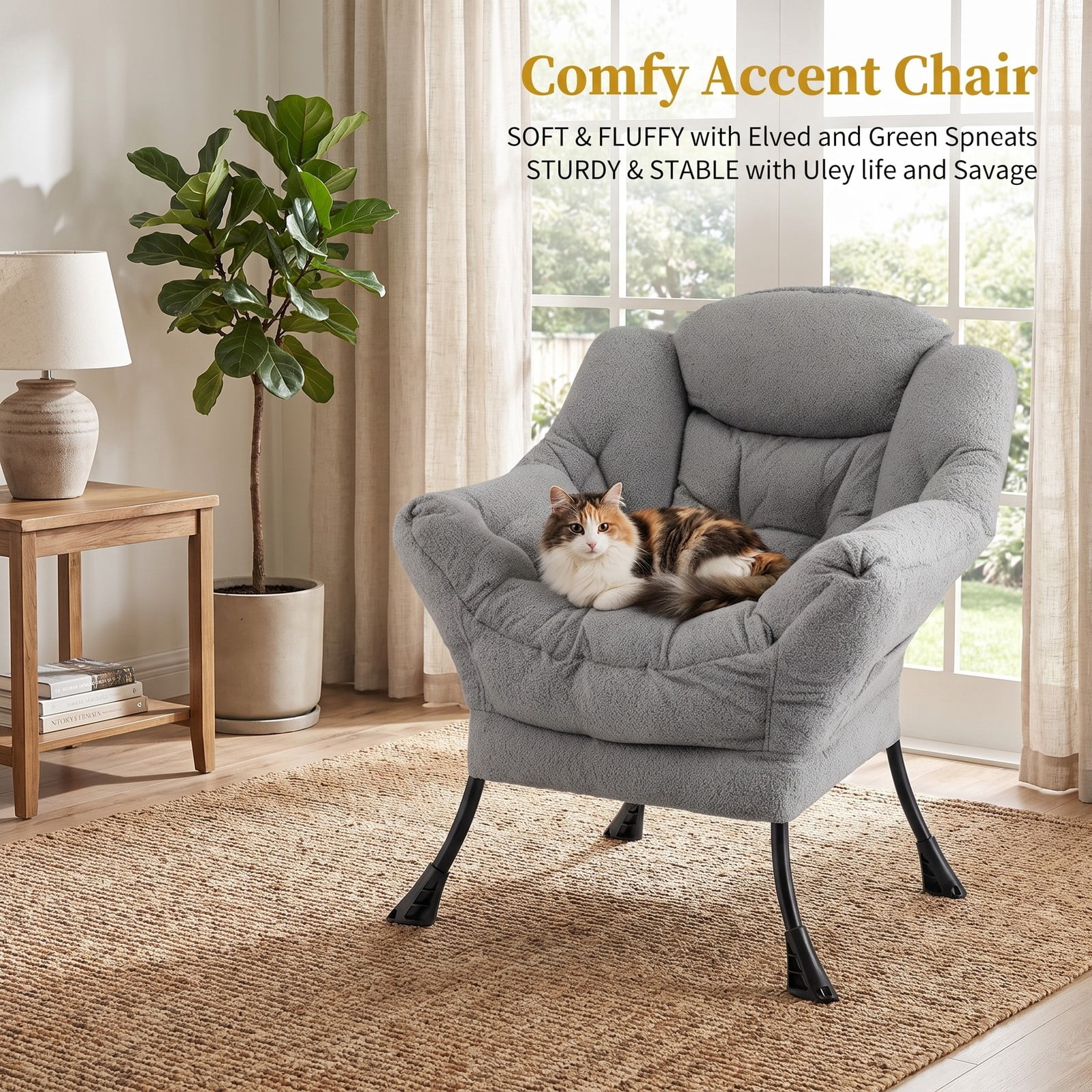 Furnibear Sherpa Upholstered Accent Chair with Cozy Head Pillow, Button Tufted Single Sofa Armchair with Side Pocket for Living Room Bedroom Home Office, 330 lbs, Gray