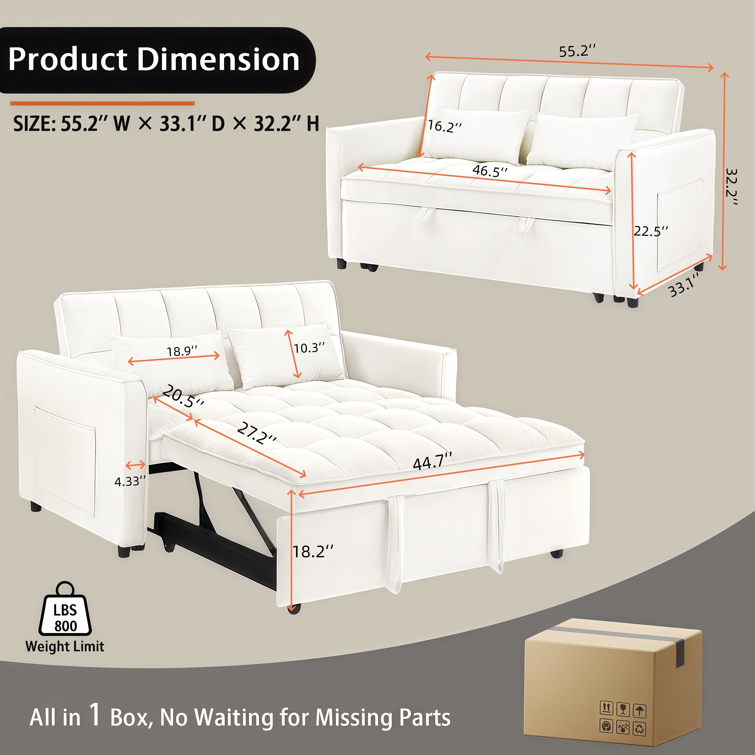 EPOWP 3 in 1 Folding Convertible Sofa Bed,55'' Pull Out Couch Bed with Side Pocket,Velvet Fabric Loveseat Sleeper Sofa with Adjustable Backrest,Easy Assembly,Perfect for Living Room,Off White