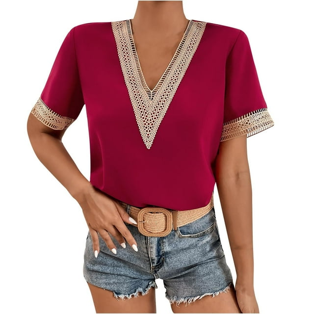 Tops de Mujer Elegantes Blusas Casuales Camisas de Encaje de Manga Corta Con Cuello en V Sólido Suelto Odeerbi ODB165140
