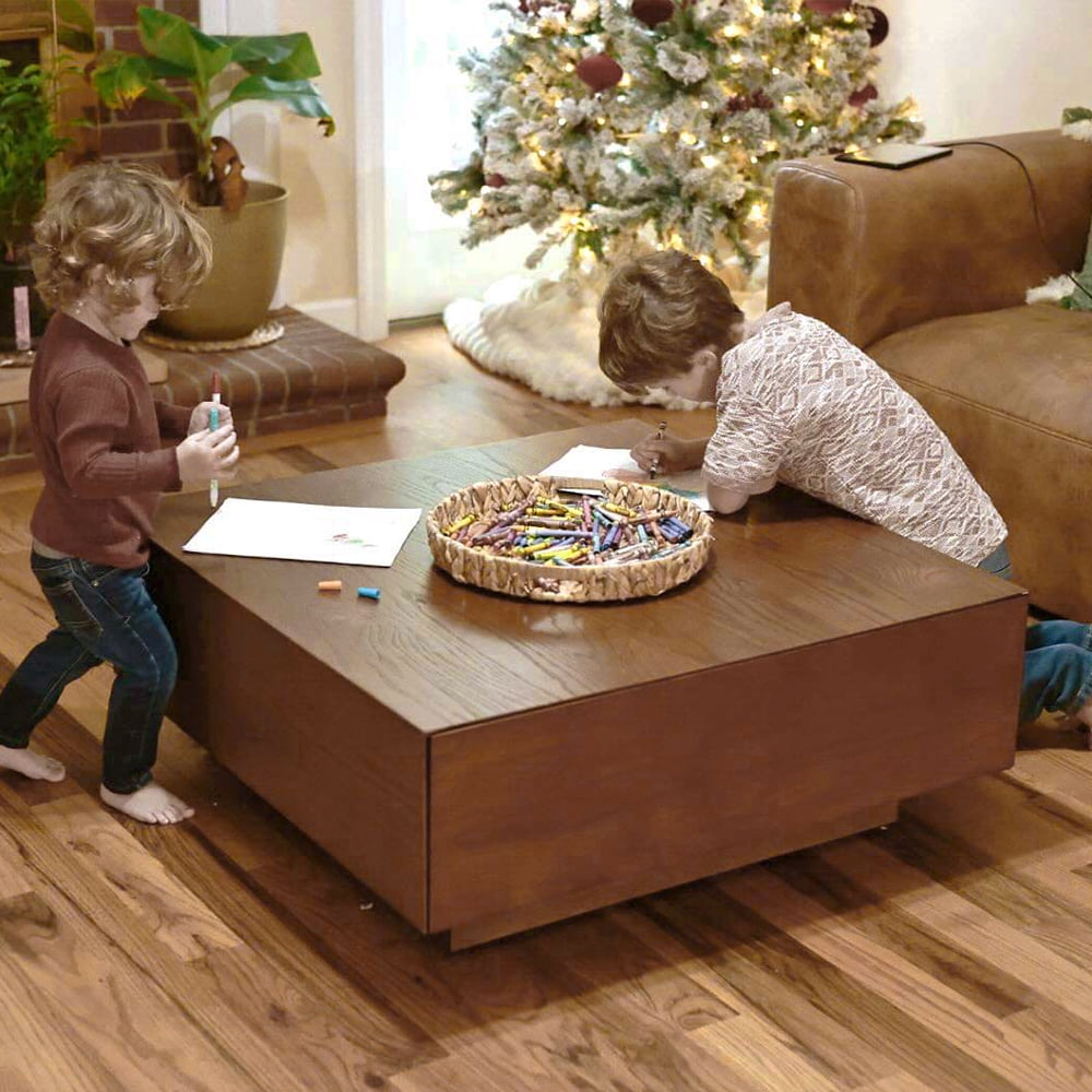 POVISON Mid Century Modern Coffee Table, Minimalist Wood Veneer Coffee Table with Storage for Living Room, Fully-assembled, 35.43'', Brown