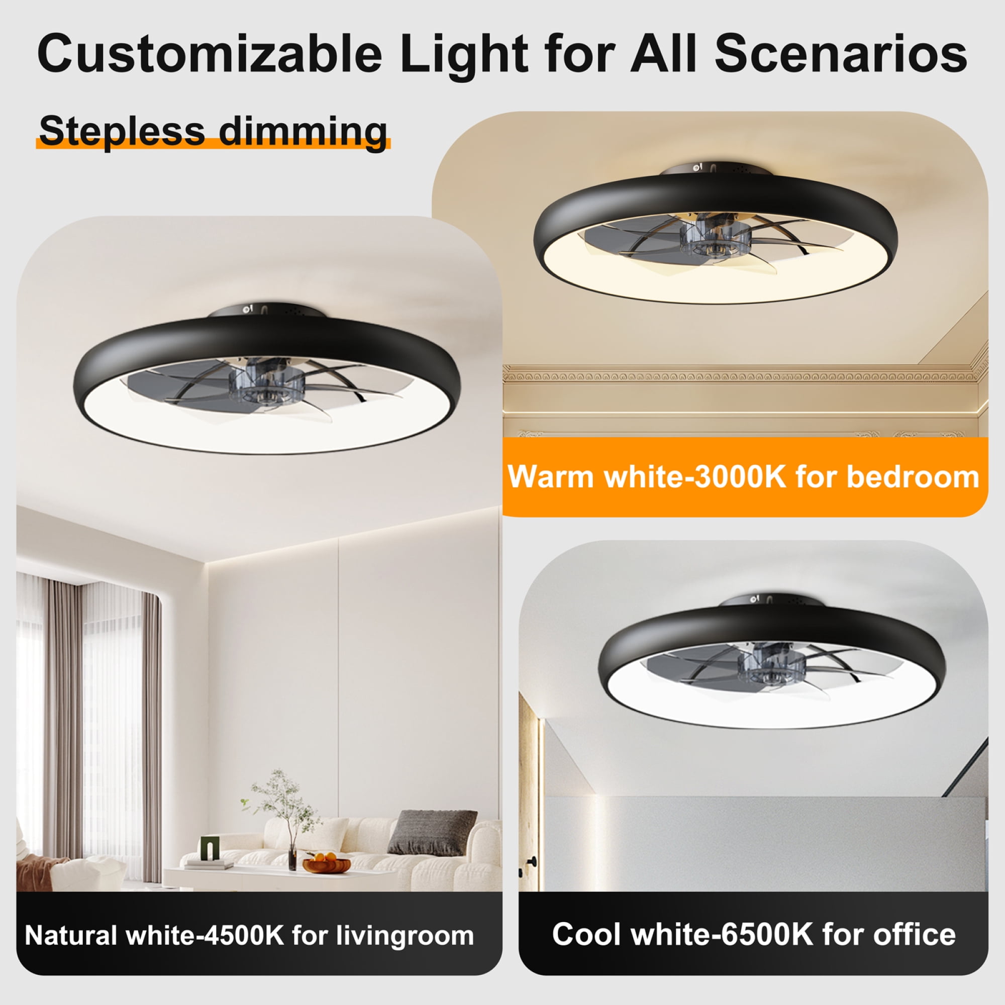 Leumius 24.4" Black Ultra-Thin Ceiling Fan with Light, 6-Speed Reversible Fandelier, 3-Color Temp Dimmable, Remote & APP Control, Silent Motor for Large Rooms Living Areas