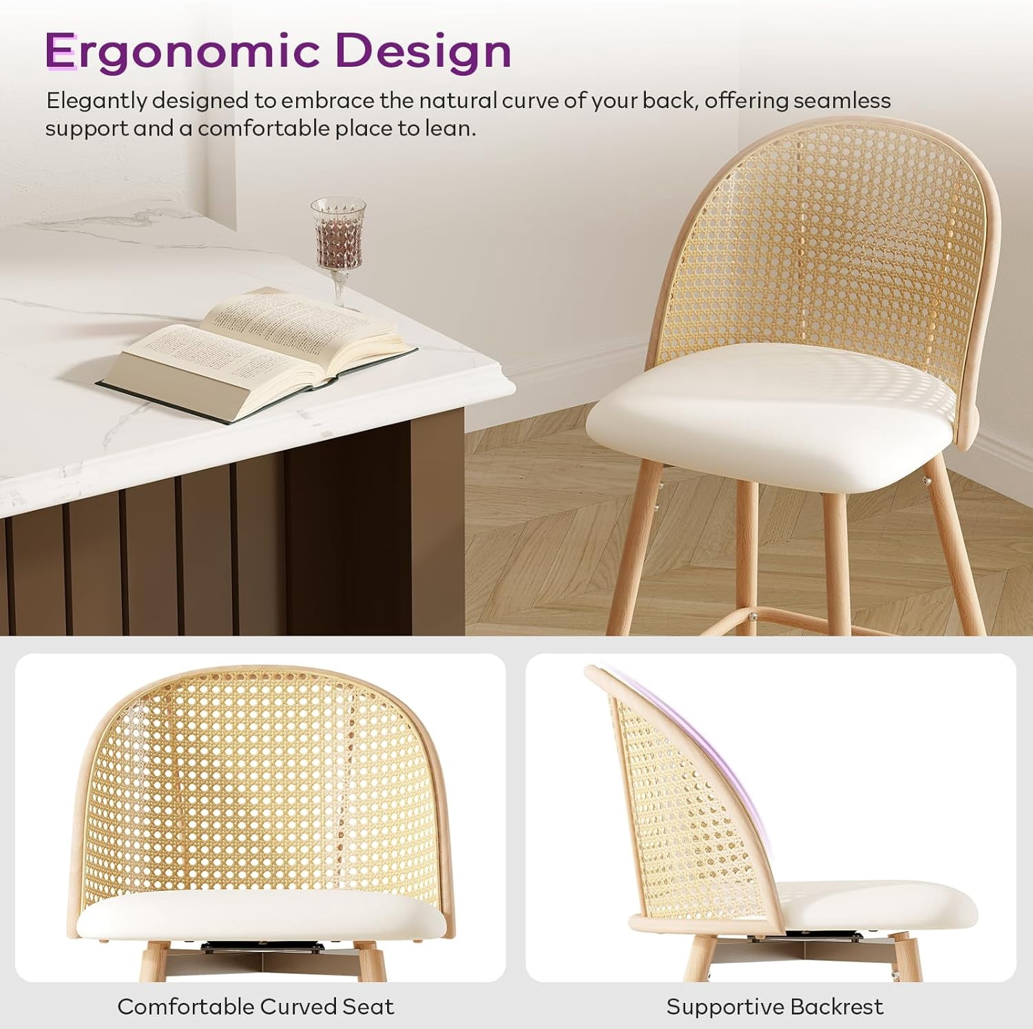 LAZZO 29“ Swivel Bar Stools Set of 2, Boho Rattan Counter Height Bar Chairs for Kitchen Island, White