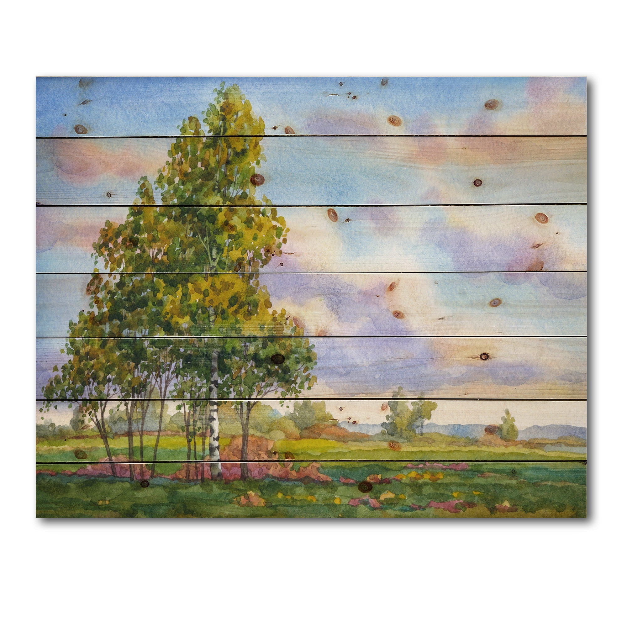 Designart 'The Trees In The Evening Landscape Field ' Traditional Print on Natural Pine Wood