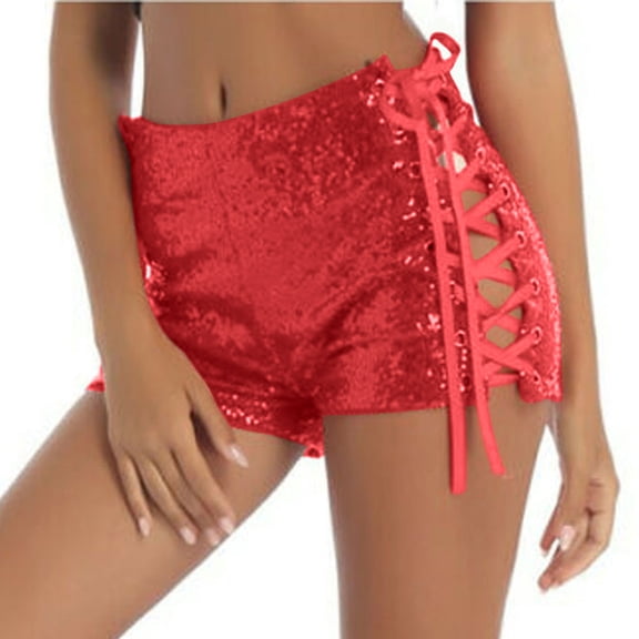 Stamzod Sequin Shorts for Women High Waist Party Sparkly Mini Shorts Night Out Drawstring Hollow Out Shorts Red B L