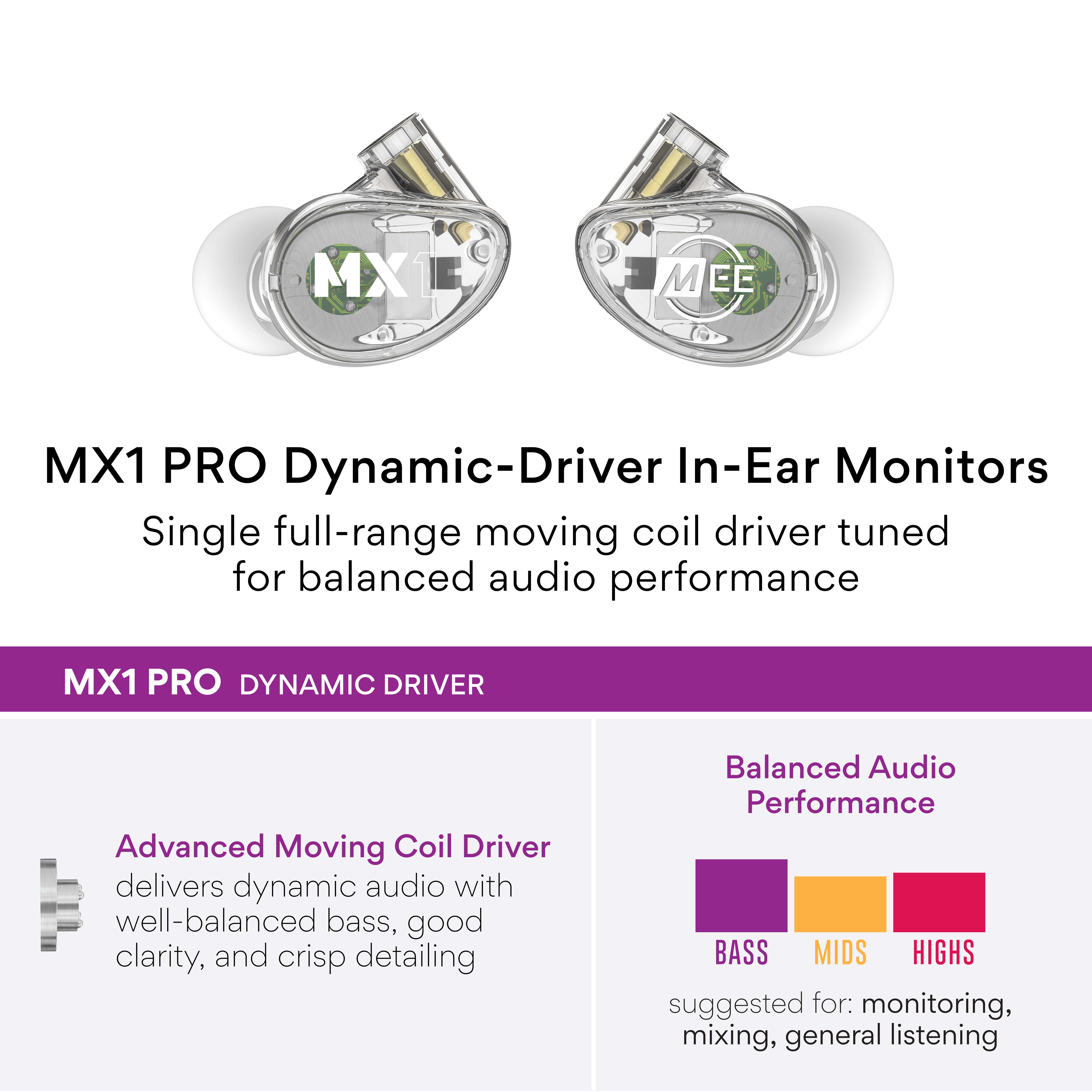 MEE Professional MX1 PRO Dynamic Driver Musicians In Ear Monitor Headphones with Balanced Sound