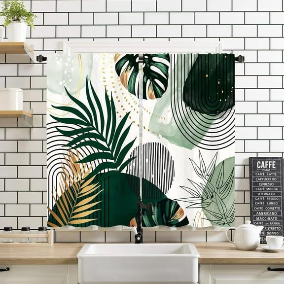 Abstract Emerald Green Kitchen Curtains 2 Panels 27.5W x 39H Rod Pocket Modern Minimalist Tropical Monstera Geometric Mid Century Aesthetic Decor Small Short Window Drapery Treatment