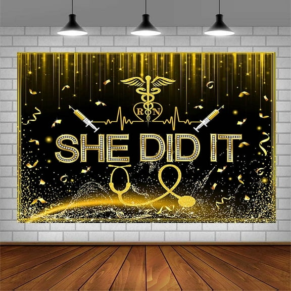 Nurse Graduation Backdrop She Did It Congratulations Graduates Black Gold Glitter Photography Background Congrats Grads Class of 2025 Prom Party Decorations Banner Photo Studio Props