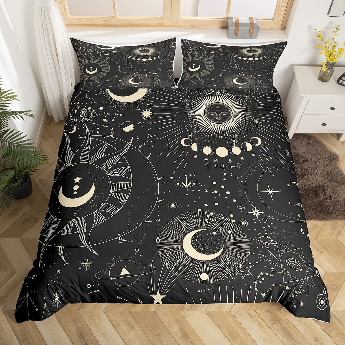 YST Sun and Moon Bedding Set, Bohemian Black White Moon Phase Duvet ...