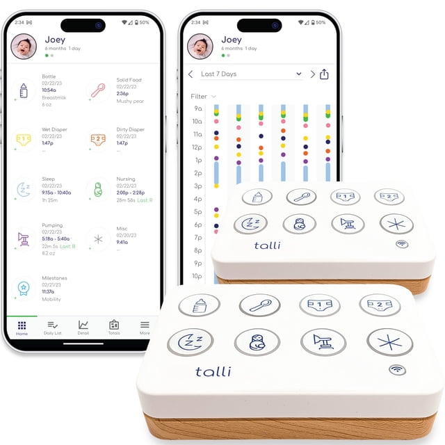 Talli Daily One-Touch Baby Tracker - Monitor de bebé para registrar tomas, pañales, sueño y más - Diario electrónico Enlaces a la aplicación móvil para monitoreo y seguimiento del bebé en tiempo real