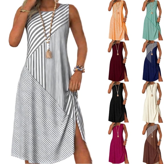 Rvasteizo Striped Print Casual Dresses for Women Round Neck Sleeveless Patchwork Thin Summer Casual Outfit