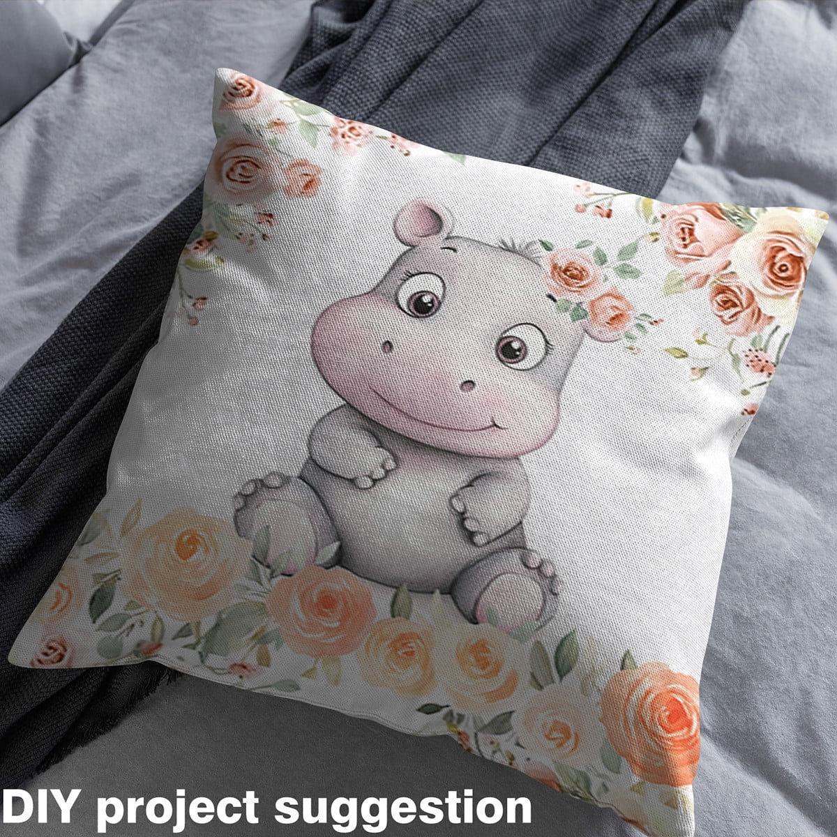 Feelyou Teens Hippo Fabric by the Yard 1 Yard, Farmhouse Rose Flower Room Decor Fabric by the Yard, Woodland Wildlife Fabric for Sewing, Luxury Bedroom Decor