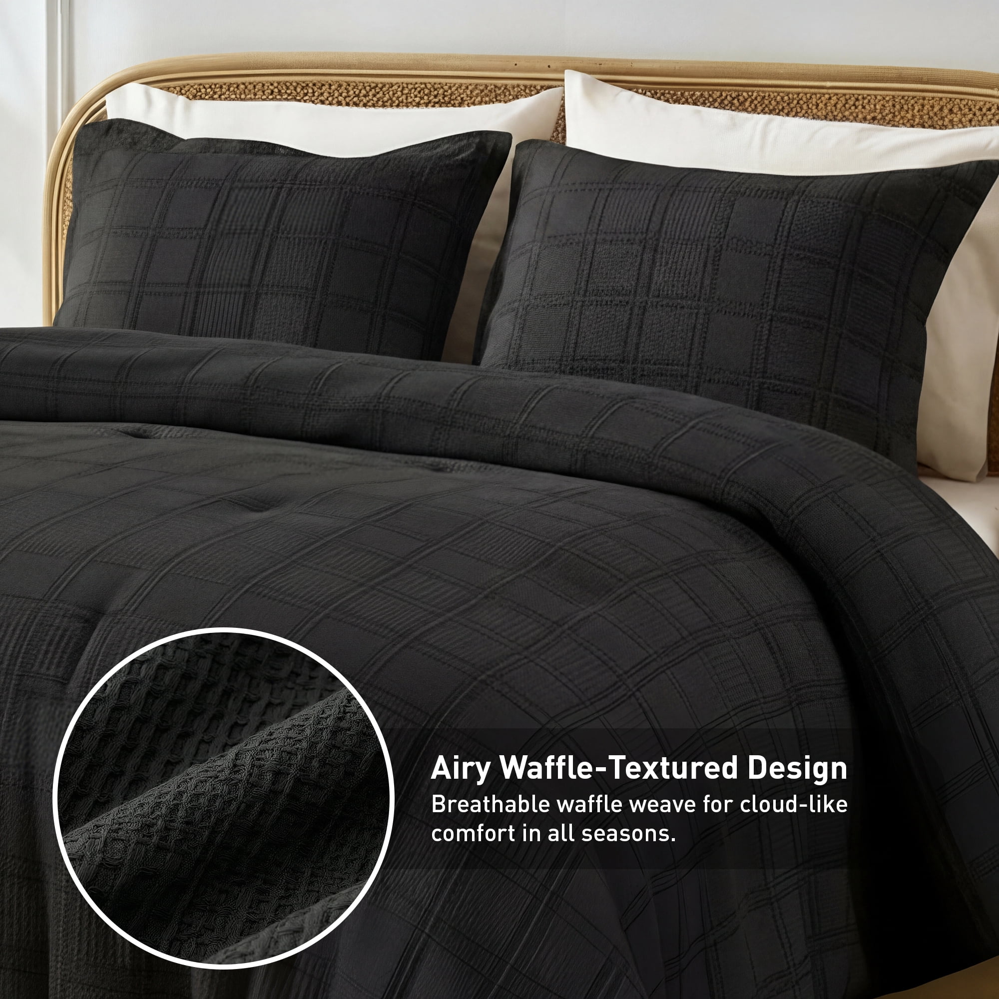 Regency Heights Waffle Weave Comforter Set, Full/Queen Size Textured Comforter Bed Set, 3-Piece Lightweight Bedding Set with Pillow Shams for All Season, Black