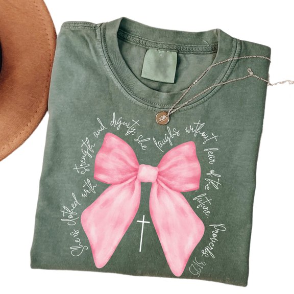 Coquette Christian T-Shirt – Bible Verse Pink Bow Faith Tee for Women, Cute Jesus Shirt, Religious Gift for Christian Women