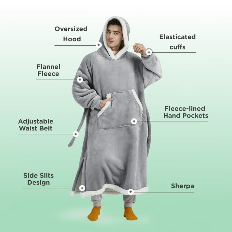 Cozy Comfort Wearable Blanket Hoodie Long Sherpa Fleece Sweatshirt Warm Big Hood Side Split and Belt Oversize