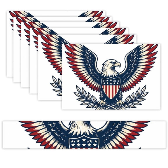 7 Piece Linen Table Runner and Placemats Set, Patriotic Eagle Emblem Round Corner Heat Resistant Washable Table Mats for Home Kitchen Dining Party Decoration