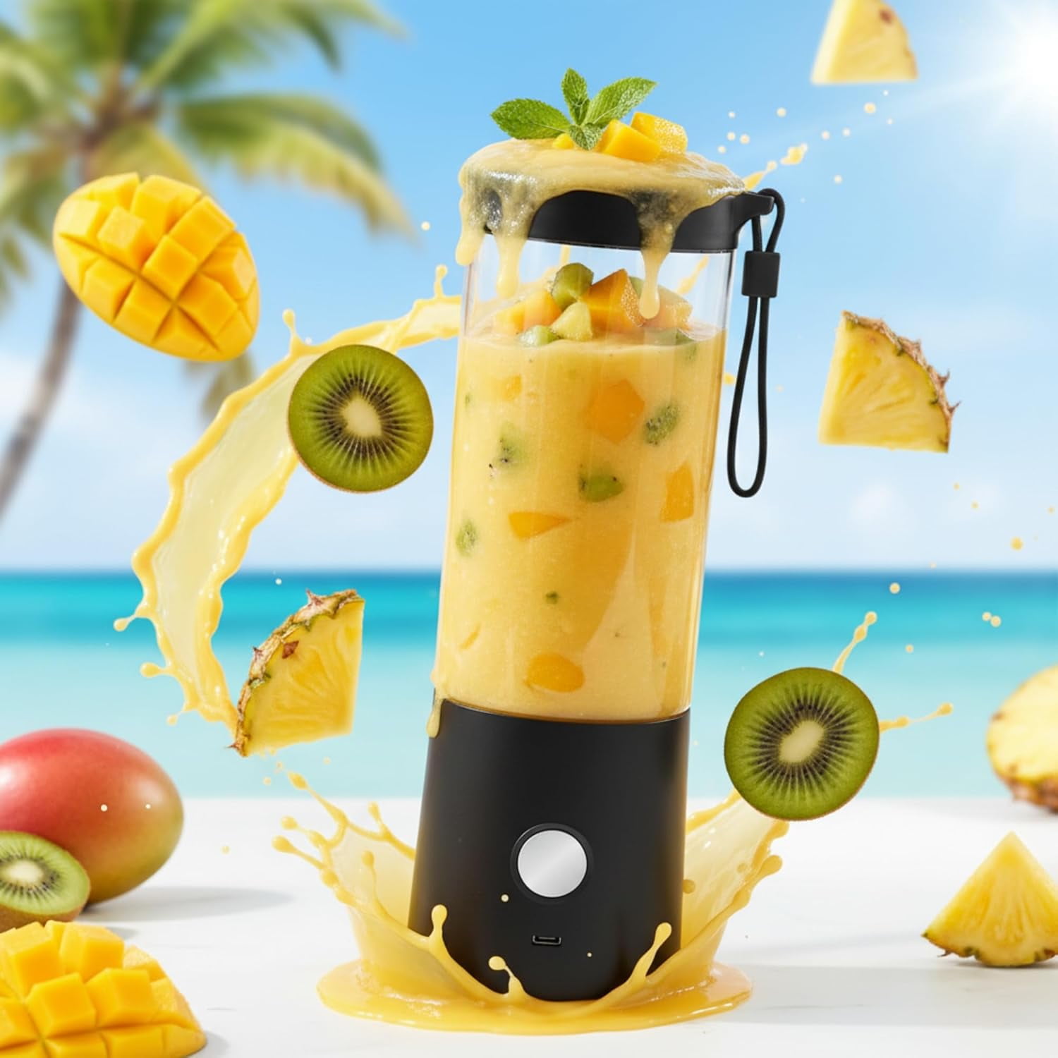 Portable Blender for Smoothies & Shakes – 16oz Mini Personal Blender Bottle, USB-C Rechargeable & Self-Cleaning – Black – Perfect Holiday Gift
