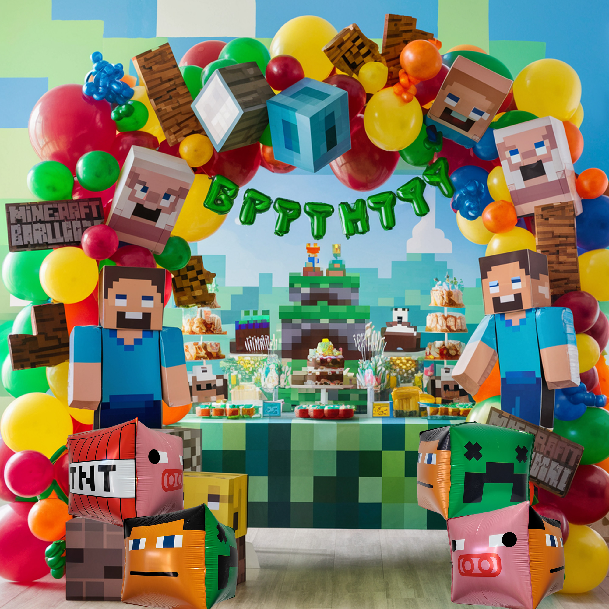 Pixel & Gamer Luftballon-Set Für Kindergeburtstag - 32 Teile, Mit Folien- & Latexballons, Miner Motiv