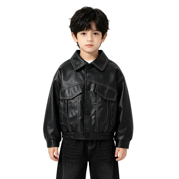 YunPes Boys Faux Leather Jacket Smocked Hem Trendy Cropped Moto Coat Button-Up Baggy Leather Tops Toddler Vintage Streetwear