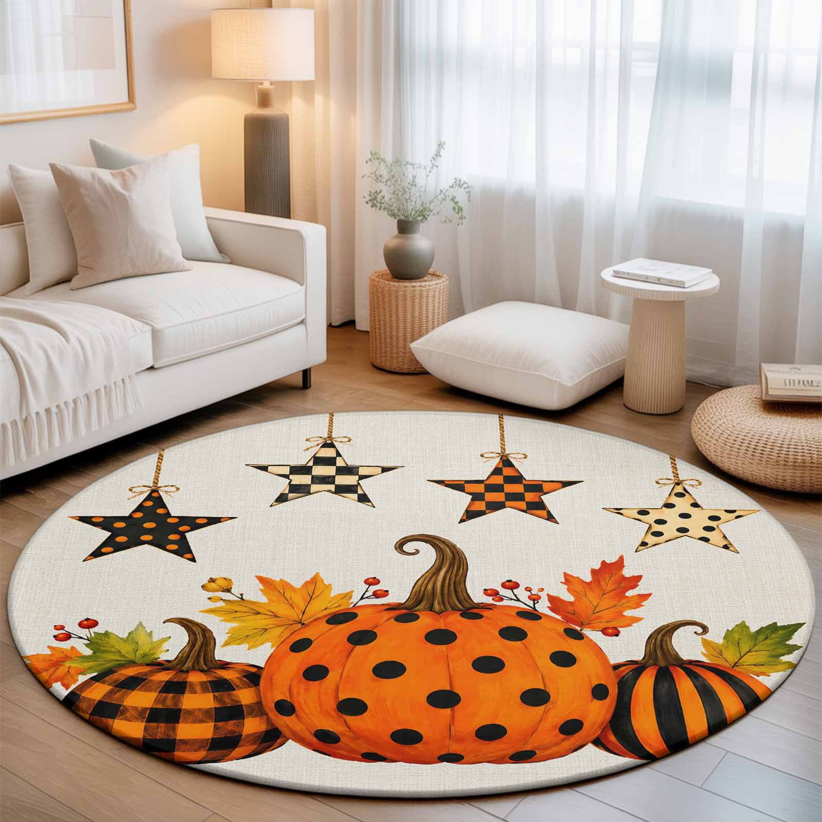 Round Area Rug - 4ft Thanksgiving Pumpkin Polka Dot Plaid Stripe Non Slip Washable Circle Carpet Soft Large Floor Rugs for Living Room Bedroom Nursery Office