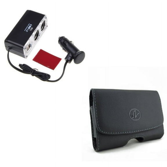 Black Leather Phone Case w Car Lighter Socket Splitter 2-Port Charger Adapter J6W Compatible With Google Pixel 3a XL