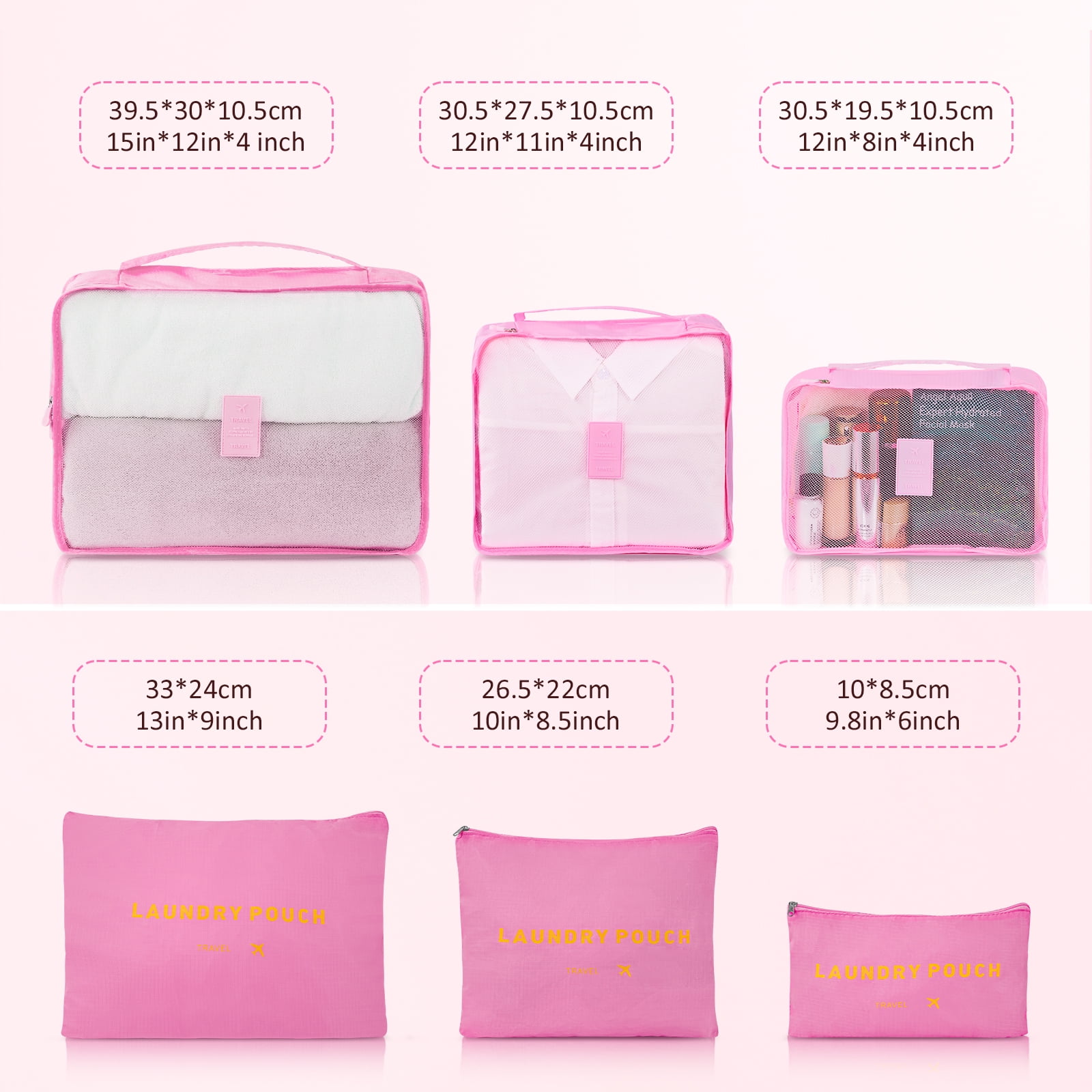 3 Piece Luggage Sets with 6 PC Organize Bags Lightweight Suitcases with Spinner Wheels, Pink