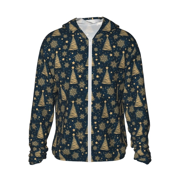 Fotbe Gold Snowflake Christmas Tree Chaqueta con Protección Solar UPF 50+ para Hombre y Mujer, Camisa con Capucha y Bolsillos-3X-Large
