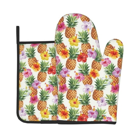 

Xecao Hawaiian Pineapples And Hibiscus Flowers Pattern Oven Mitts and Pot Holders Sets Heat Resistant Silicone Oven Mittens Extra Thicken Long Kitchen Cotton Oven Glove for Cooking