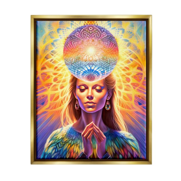 Stupell Industries Chakra Woman Fractals Abstract Painting Gold Floater Framed Canvas Art Print Wall Art, 17 x 21