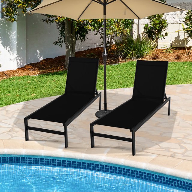 Costway Lot de 2 Chaises Longues à 6 Positions Chaise Longue Aluminium Inclinable Réglable Noir