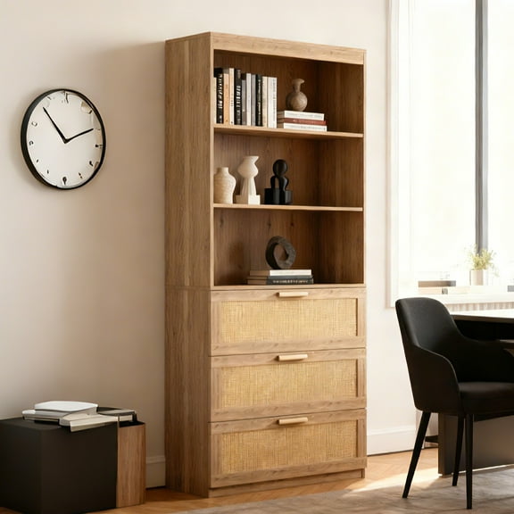 Ktaxon Bookcase, 71" H Bookshelf with 3 Rattan Drawers and Adjustable Shelves, Farmhouse Storage Cabinet for Bedroom, Office, Living Room, Study, Brown