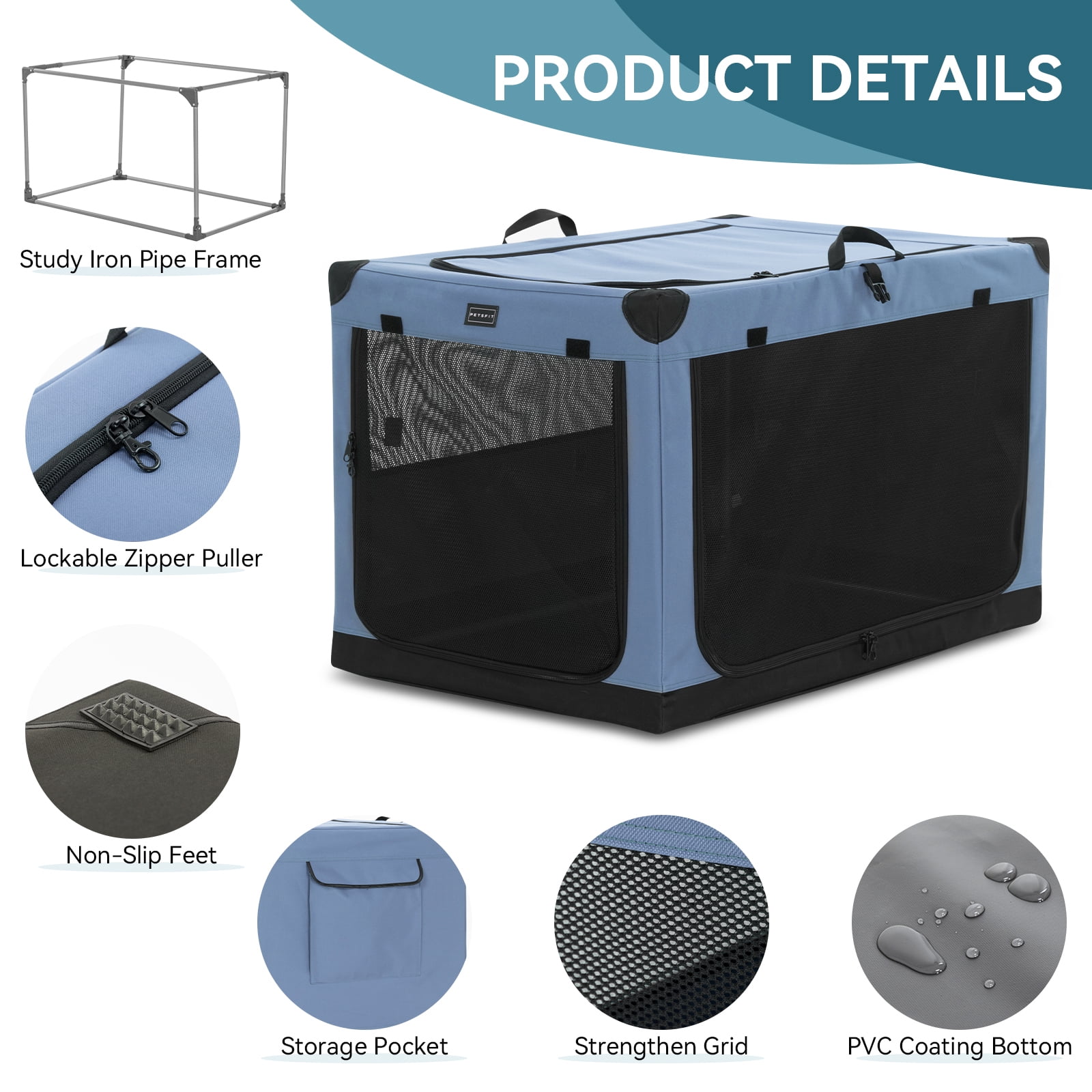 Petsfit Dog Travel Crate, Adjustable Fabric Cover by Spiral Iron Pipe, Chew Proof 3 Door Design, Portable Collapsible Pet Crate Blue
